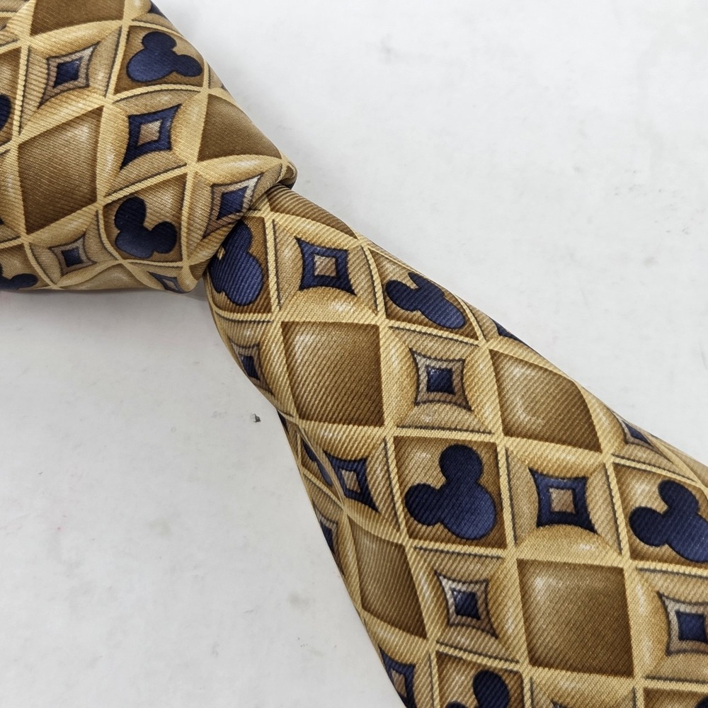 VINTAGE Walt Disney World Tie Mickey Mouse Logo Silk Necktie Gold Geometric‎